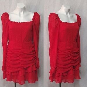 La Maison Talulah Chiffon Ruched Tiered Square Neck Puff Sleeve Cocktail Dress L